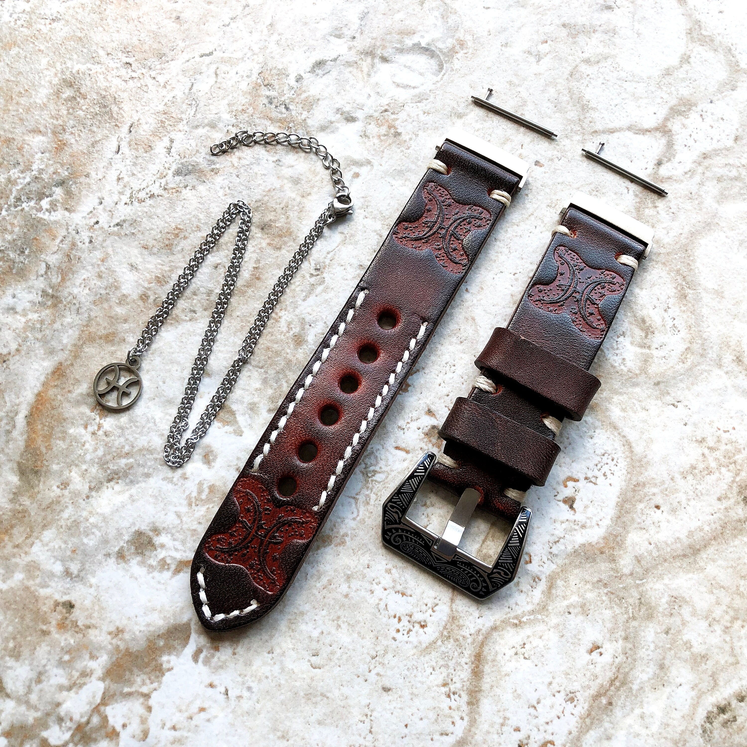 Fitbit Versa 2 3 4 Sense 2 Pisces Zodiac Set Band Strap Brown Tooled Embossed Leather in Silver Rose Gold Black and 25" Pendants Necklace